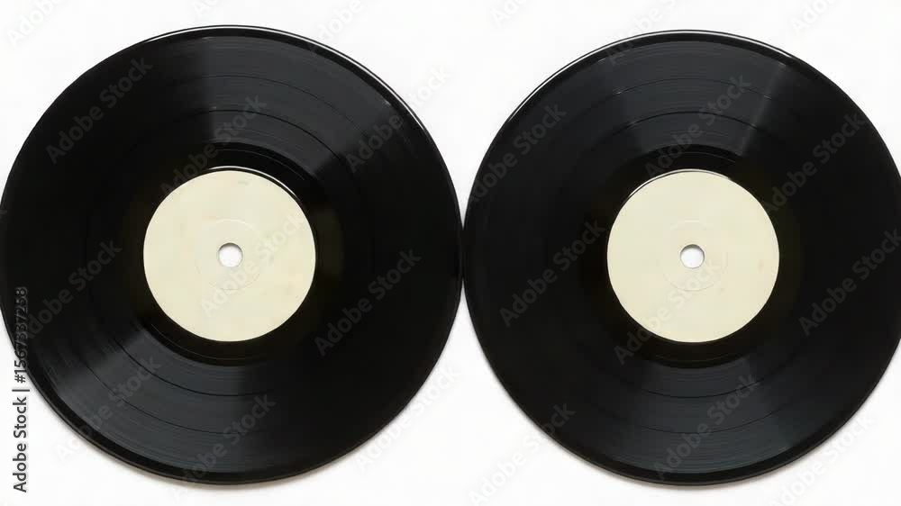 Two Black Vinyl Records with Blank White Labels on a Seamless White Background for Music Album Covers Design Two Black Vinyl Records with Blank White Labels on a Seamless White Background for Music Album Covers Design