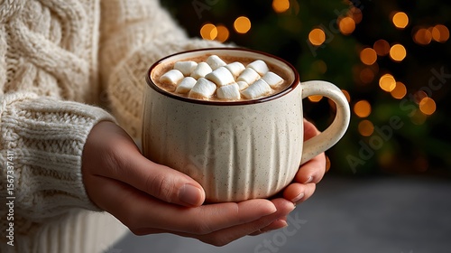 Cozy scene of hands holding a steaming mug of hot chocolate topped with marshmallows against a blurred festive background of bokeh lights