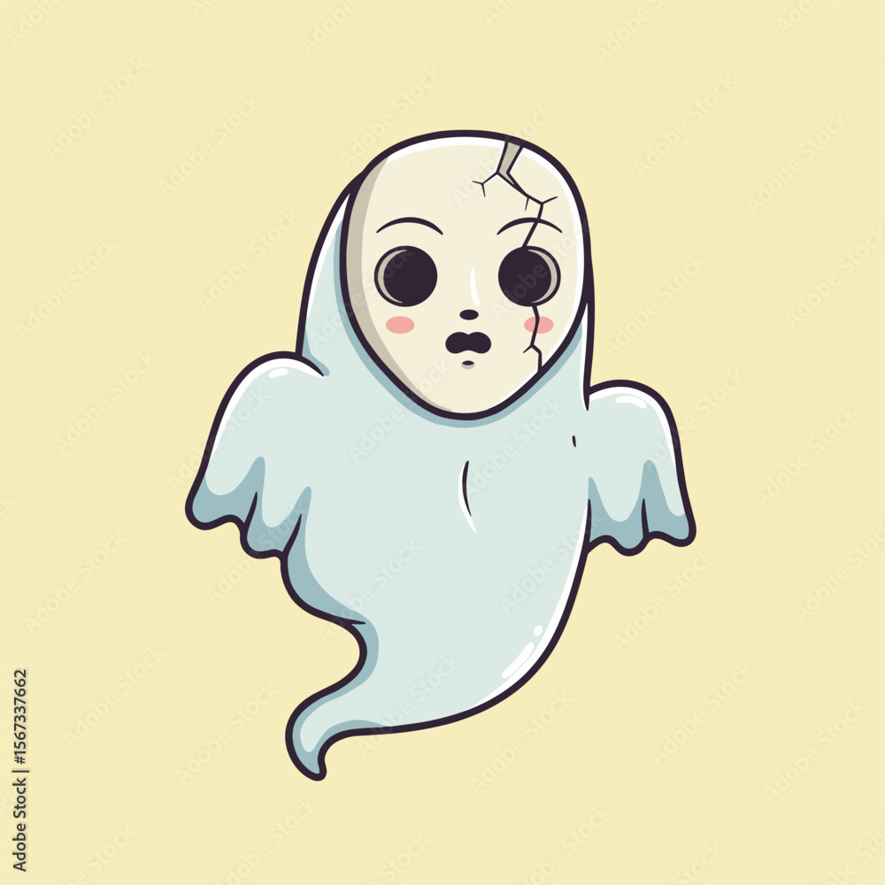 Fototapeta premium Playful cartoon ghost with light blue body and wing-like arms, floating gently with a curved tail and tiny smile on a light yellow background.