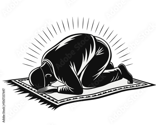 Silhouette of a muslim man deeply engrossed in prayer performing the ruku or prostration symbolizing devotion and spiritual connection in a clean graphic style