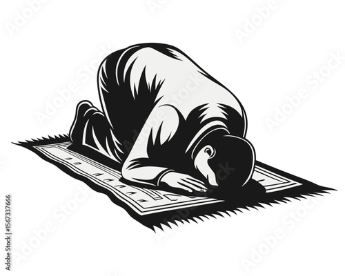 A striking black silhouette of a muslim man deeply engrossed in prayer with his forehead touching the ground in a posture of profound devotion and submission to the divine