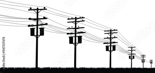 Silhouette of electric power lines, utility poles with transformers, rural electricity distribution, black and white vector, high voltage landscape view flat vector illustration