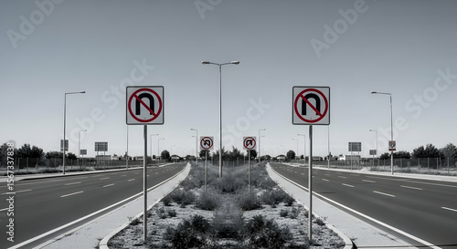 Monochromatic Road Symmetry Capturing Signs On Highway For Direction and Prohibition