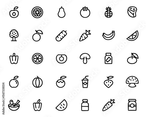 Comprehensive collection of essential healthy food and produce symbols meticulously crafted with clean lines and vibrant color accents for diverse dietary and culinary applications