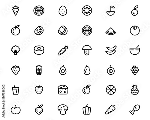 Comprehensive collection of clean modern line graphics representing healthy food items and essential dietary elements for wellness and lifestyle applications