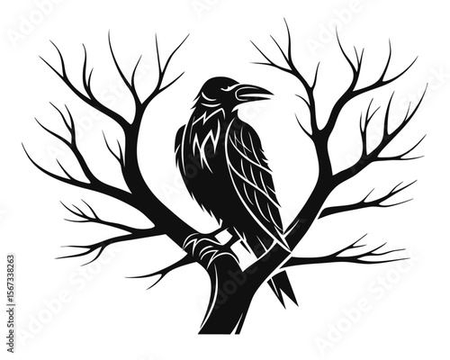 A solitary foreboding raven perches upon a stark leafless tree limb against a backdrop of dark atmospheric elements conveying a sense of mystery and gothic allure