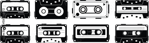 Vintage cassette tape icons, retro audio cassettes, black and white music tape vector, nostalgic mixtape illustration, old analog sound media flat vector illustration