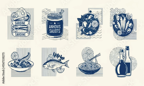 Set of fish and seafood vector illustrations