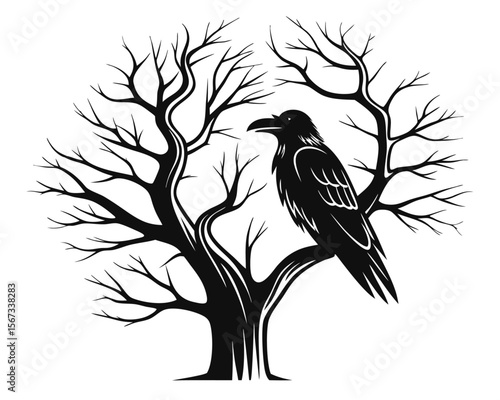 A solitary menacing raven perches upon a stark leafless tree limb evoking a sense of foreboding and gothic atmosphere rendered in bold black and accented with hints of yellow cyan and magenta