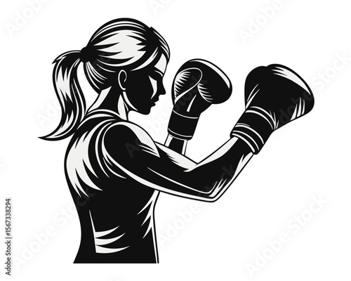 Dynamic silhouette of a focused caucasian woman engaged in vigorous boxing training showcasing athletic movement and powerful strikes in a clean graphic representation