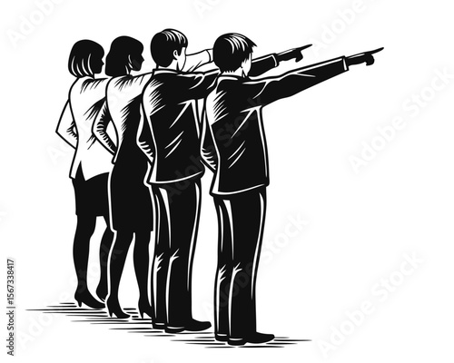 Silhouetted figures gesturing with hands conveying communication and direction presented in a clean graphic style with a focus on human interaction and guidance