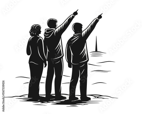 Diverse group of people in silhouette form actively pointing and gesturing towards a common focal point conveying communication and direction in a modern graphic style