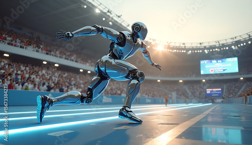 a robot is running in the stadium and everyone is watching