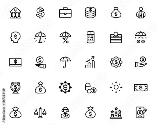 Comprehensive collection of clean modern line art symbols representing various aspects of personal financial management and economic concepts rendered in a striking color palette
