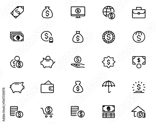 Comprehensive collection of finely detailed graphical elements representing various aspects of personal financial management suitable for digital applications and print media