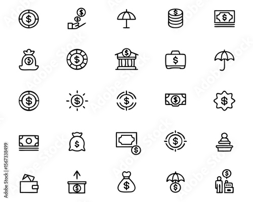 Comprehensive collection of thin line graphical elements representing various personal finance concepts easily modifiable for diverse applications
