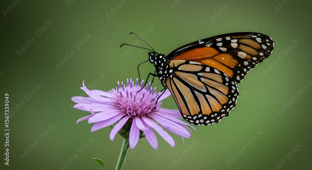 Fototapeta premium Butterfly with orange and black wings on a purple flower against green background.