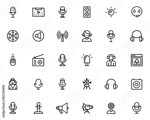 Comprehensive collection of broadcast communication symbols featuring a microphone radio transmitter and webcam perfect for digital media and audio content creation platforms