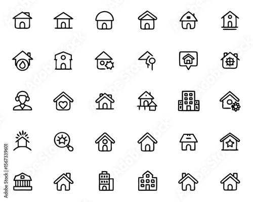 Comprehensive collection of real estate symbols for property transactions and housing market representation featuring diverse architectural and ownership elements in vibrant color palettes