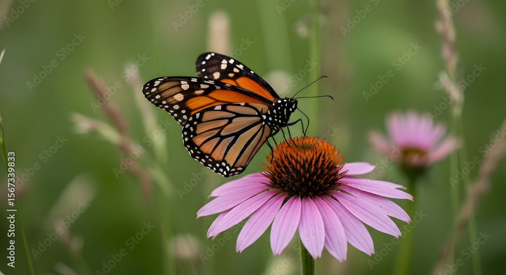 Obraz premium Monarch butterfly rests on a pink flower in a grassy field.