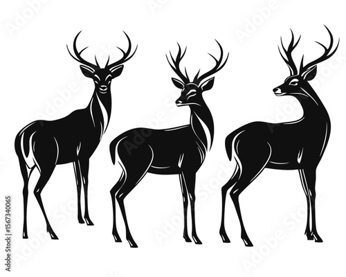 Artistic black and white outlines of graceful roe deer in various natural poses perfect for wildlife themed creative projects and decorative applications