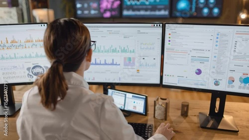 Scientist Analyzing Data on Multiple Screens: A female scientist in a lab coat diligently analyzes complex data displayed on multiple computer screens in a modern laboratory setting.