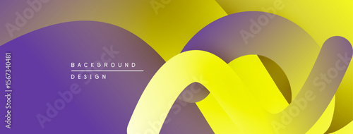Abstract gradients, flowing shapes create modern visual. Purple, yellow hues dominate composition. Minimalist design elements present.