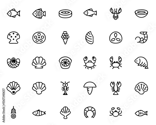 Comprehensive collection of nautical food and ocean delicacies symbols with adjustable outline thickness presented in a cohesive graphic assembly