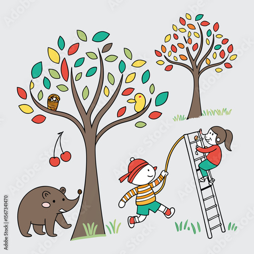 Whimsical illustration of kids picking fruit from trees with animal friend