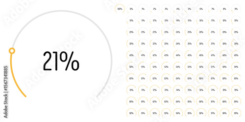 Set of circular sector arc percentage diagrams meters progress bar from 0 to 100 ready-to-use for web design, user interface UI or infographic - indicator with yellow