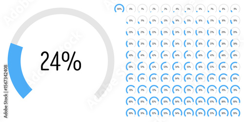 Set of circular sector arc percentage diagrams meters progress bar from 0 to 100 ready-to-use for web design, user interface UI or infographic - indicator with blue