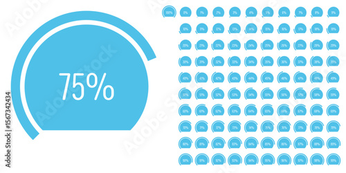 Set of circular sector arc percentage diagrams meters progress bar from 0 to 100 ready-to-use for web design, user interface UI or infographic - indicator with blue