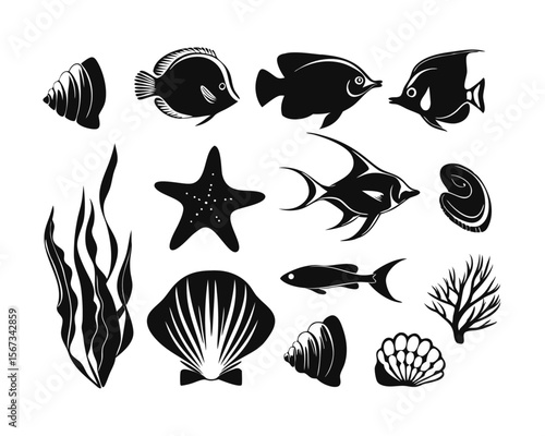 A comprehensive collection of diverse aquatic creatures presented on a clean uncluttered white backdrop showcasing a variety of marine life in vibrant colors