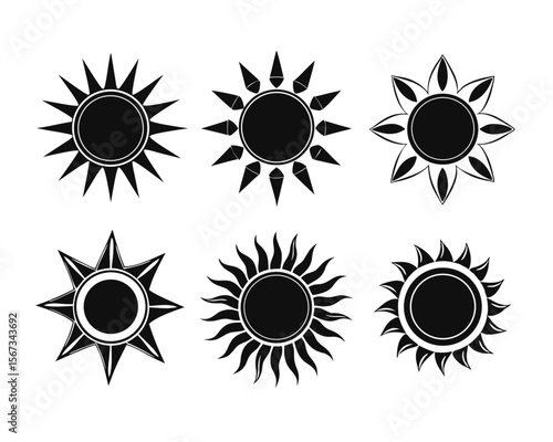 Collection of stylized solar orb graphics in a clean minimalist silhouette representing warmth daylight and celestial bodies perfect for diverse design applications