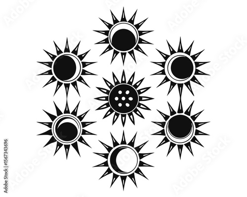 A collection of stylized celestial bodies presented in a clean modern silhouette design featuring variations of the sun motif in a monochromatic and colorful palette