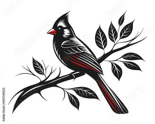 Elegant silhouette of a striking cardinal bird rendered in bold black against a clean white background perfect for invitations and cards