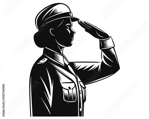 Striking silhouette of a determined female soldier rendering a respectful salute symbolizing patriotism and military service with bold graphic elements and a classic color palette