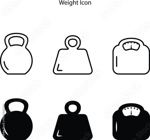 Weight icon symbol in outline and glyph icon style, including weight sports or kettlebells, dumbbells, and body scale.