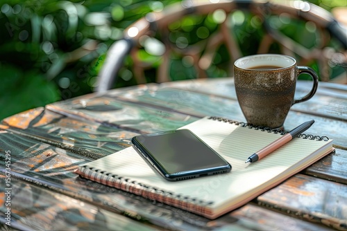 High Definition View of Mobile on Checked Notebook and Pen with Coffee on an Outdoors Table