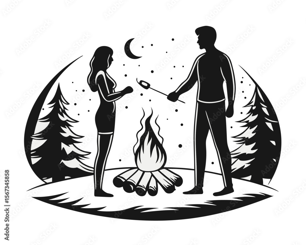Fototapeta premium Silhouette of a couple enjoying a campfire toasting marshmallows over flames representing outdoor leisure and shared moments of warmth and togetherness during an evening