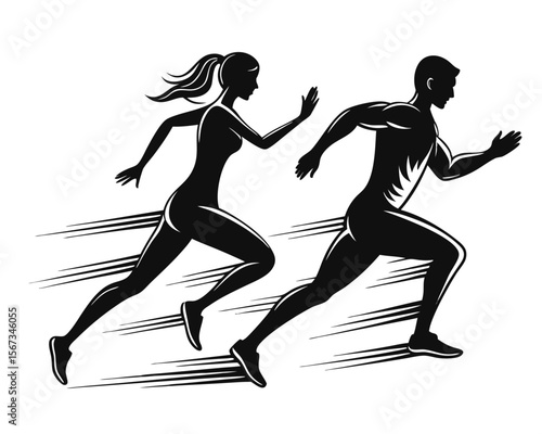 Dynamic duo in motion a stylized graphic depicting a man and woman engaged in vigorous running showcasing athleticism and movement through bold silhouettes and a vibrant color palette