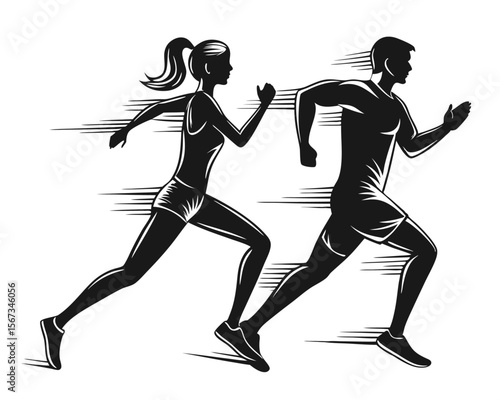 Dynamic duo in motion a male and female silhouette captured in a powerful stride representing fitness athleticism and active lifestyles in a striking graphic