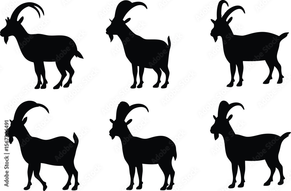 Fototapeta premium Goat silhouette vector set, black goat silhouette icon bundle 