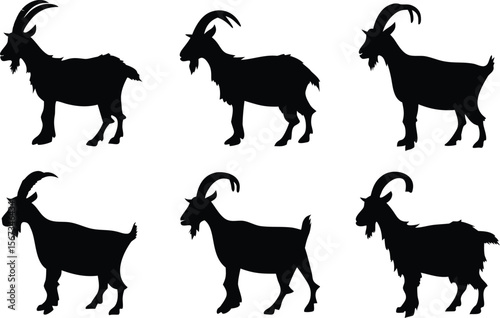 Goat silhouette vector set, black goat silhouette icon bundle 