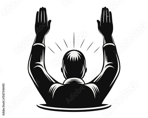 A minimalist graphic design showcasing a solitary figure with arms uplifted in a celebratory or expressive gesture rendered in bold distinct color separations