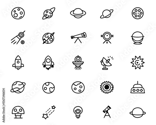 Comprehensive collection of celestial bodies and scientific exploration graphics featuring planets rockets stars and orbital elements for cosmic themed designs