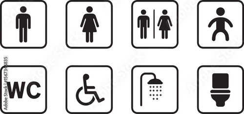 Collection of eight black and white bathroom icons and elements