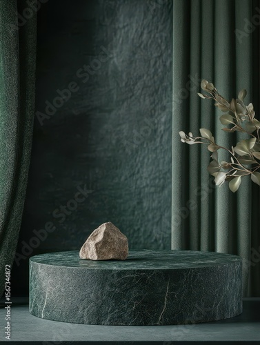 clear pixel visual of 3d rendering of a dark stone green natural product showcase luxury podium stage background mockup high detail 8k