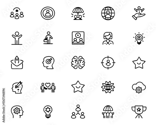 A curated collection of thin line graphical elements representing achievement progress and positive outcomes featuring editable strokes for versatile customization in design projects