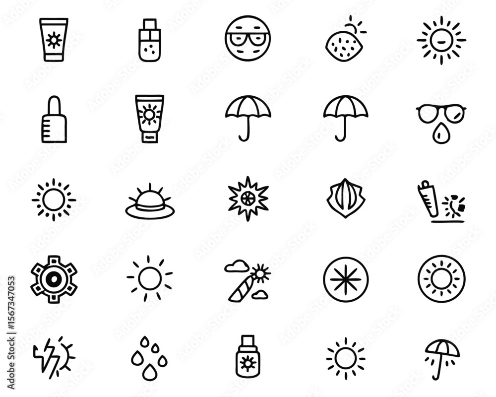 Fototapeta premium Comprehensive collection of graphic elements representing sun protection featuring symbols for sunscreen skin care and outdoor safety in a vibrant color palette suitable for various applications